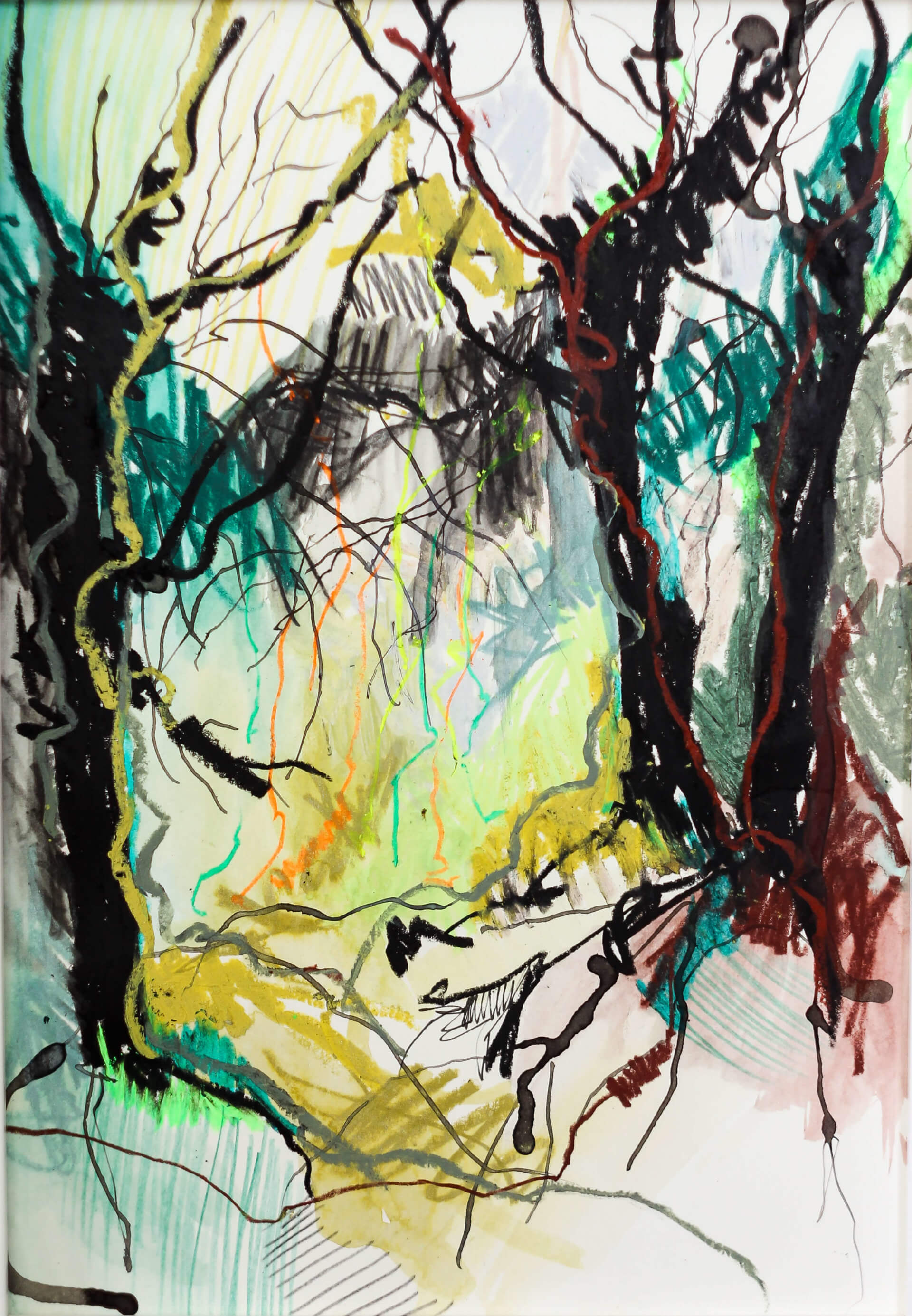 Katharina Albers, Wald V, 2014, Ölkreide, Tusche, Aquarell, Graphit auf Papier, 29,7×21 cm