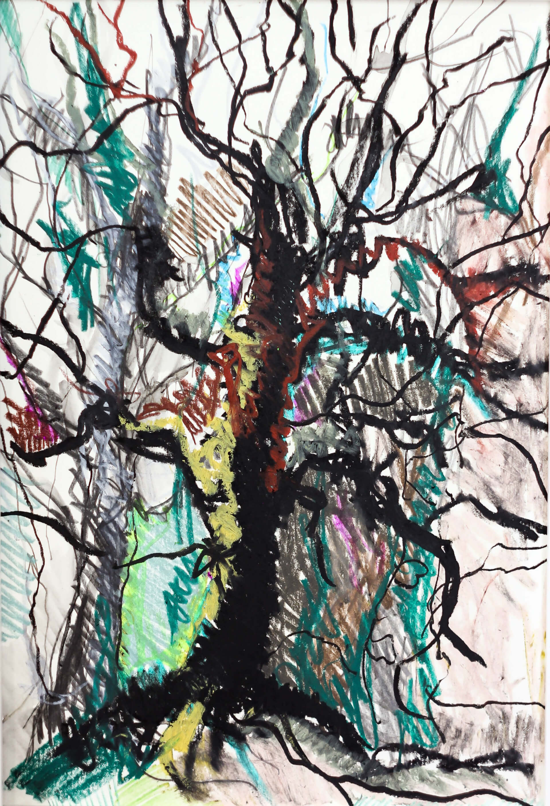 Katharina Albers, Wald VI, 2014, Ölkreide, Tusche, Aquarell, Graphit auf Papier, 29,7×21 cm