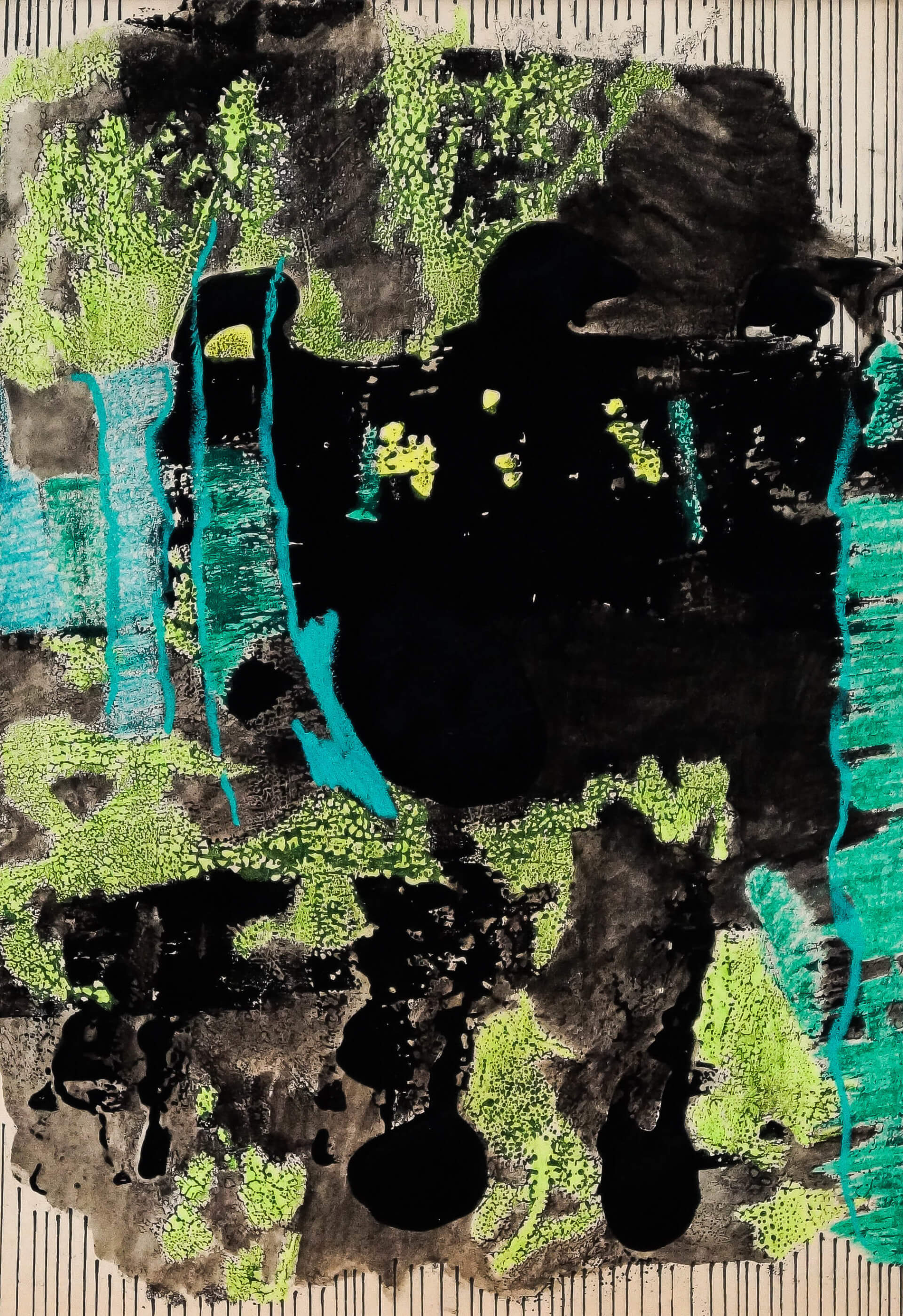 Katharina Albers, Wald XXV, 2014, Ölkreide, Linolfarbe, Graphit auf Papier, 29,7×21 cm