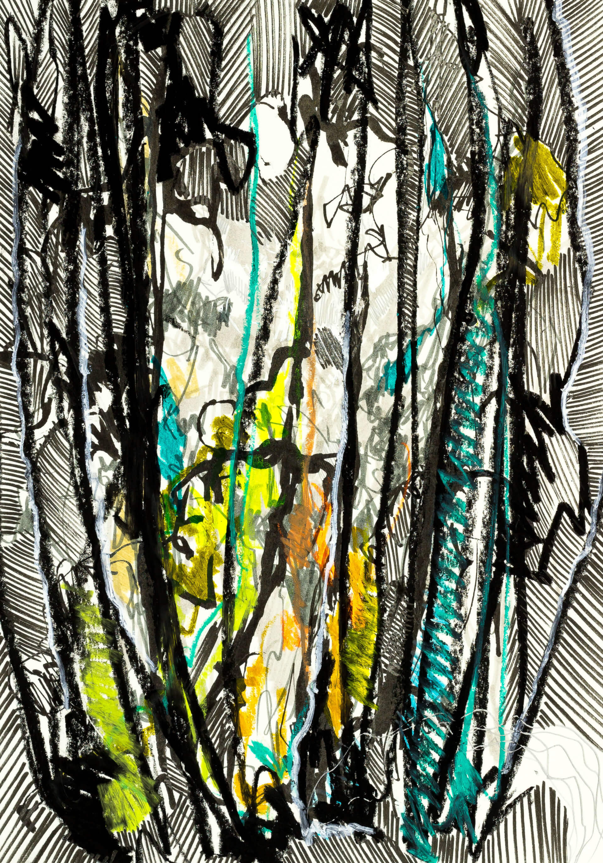 Katharina Albers, Wald XXXIV, 2016, Ölkreide, Fineliner, Graphit, Buntstift, Aquarell auf Papier, 29,7x21 cm