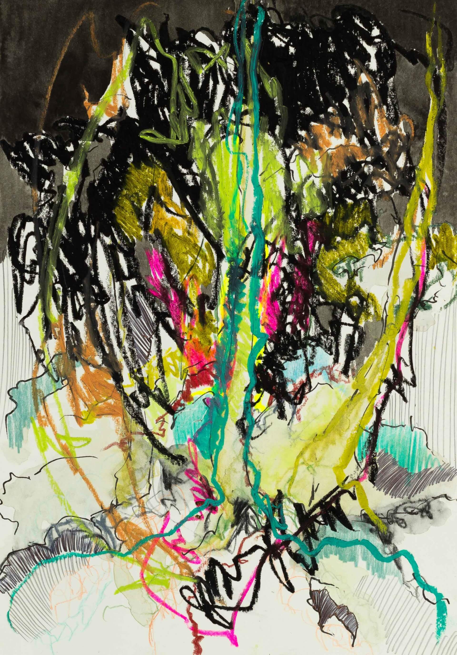 Katharina Albers, Wald XXXV, 2016, Ölkreide, Fineliner, Graphit, Buntstift, Aquarell auf Papier, 29,7x21 cm
