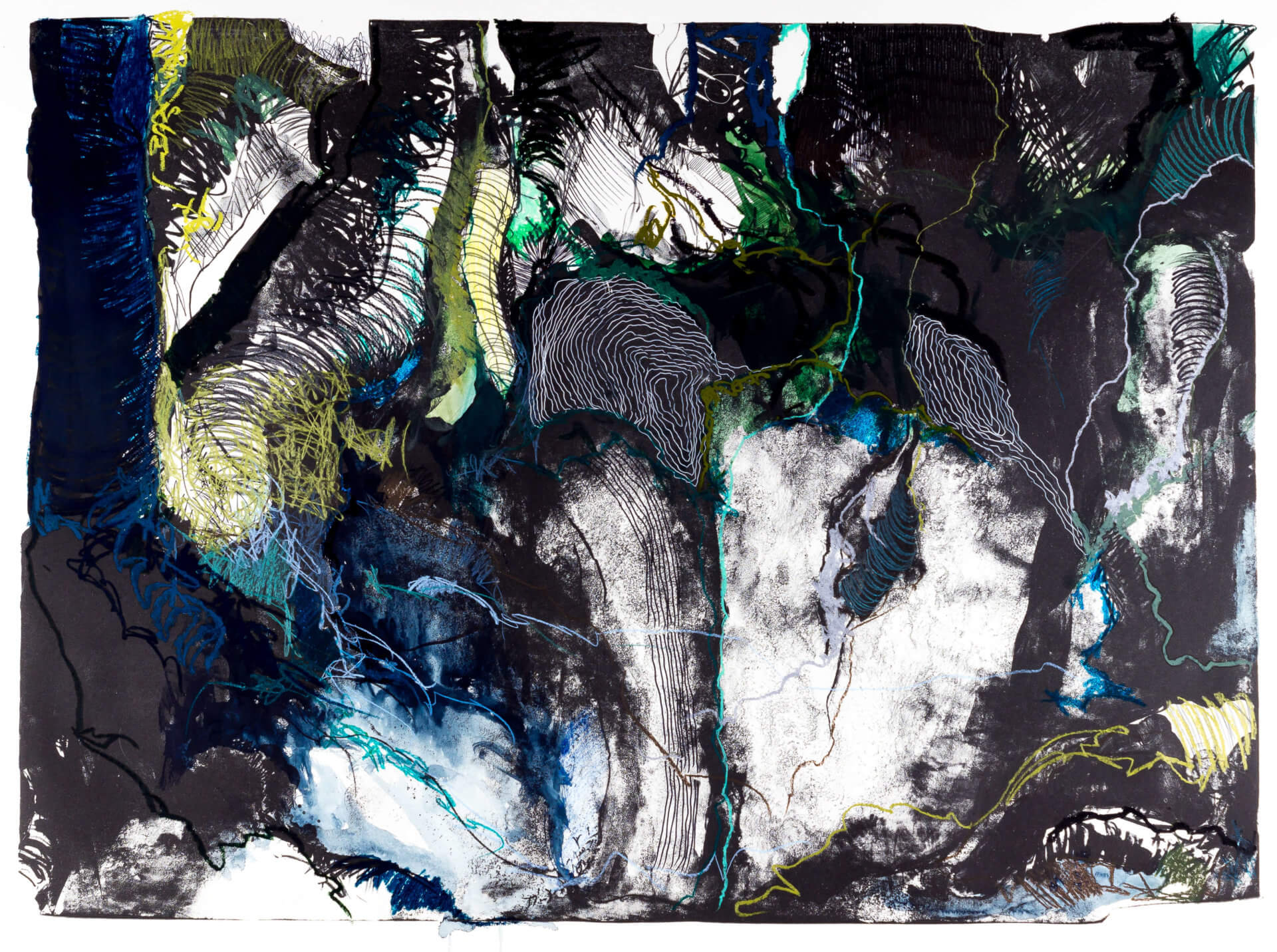 Katharina Albers, Wald (F_A)(A), 2015, Lithographie handkoloriert (Ölkreide, Graphit, Aquarellfarbe, Fineliner), Unikat, 70×100 cm