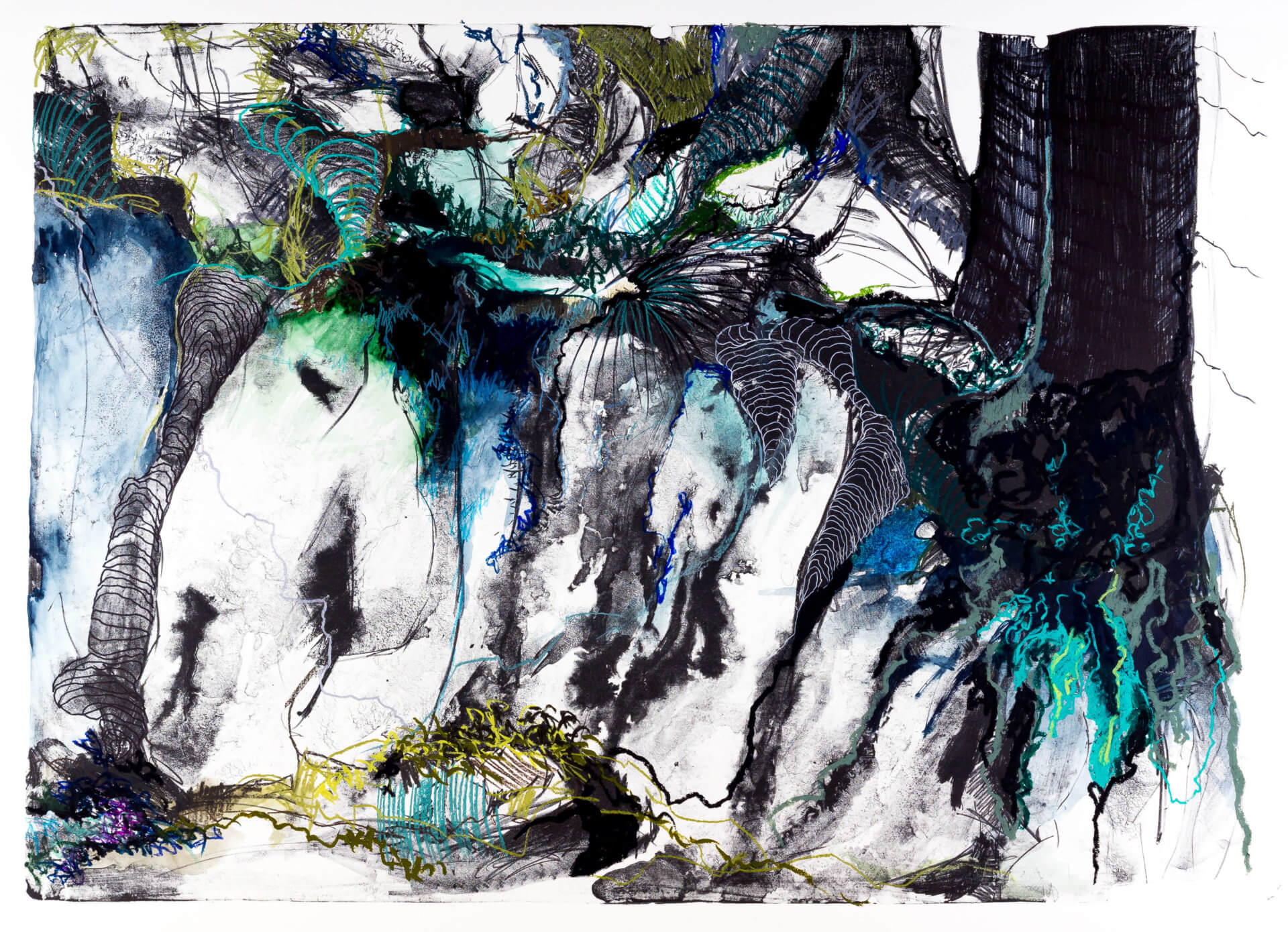 Katharina Albers, Wald (F_A)(B), 2015, Lithographie handkoloriert (Ölkreide, Graphit, Aquarellfarbe, Fineliner), Unikat, 70×100 cm