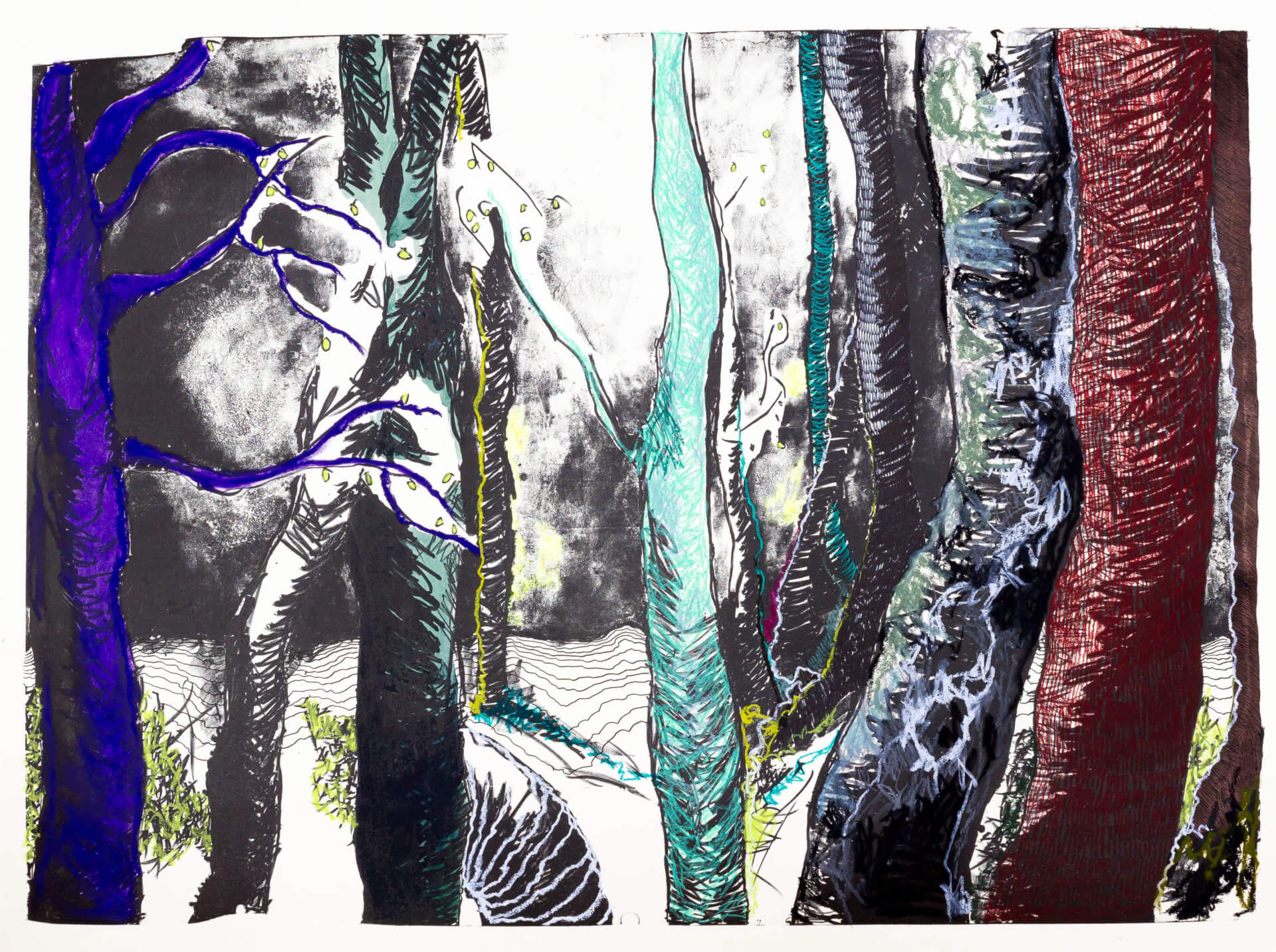 Katharina Albers, Wald (F_B)(C), 2016, Lithographie handkoloriert (Ölkreide, Graphit, Aquarellfarbe, Fineliner, Gelstift, Tusche), Unikat, 70×100 cm