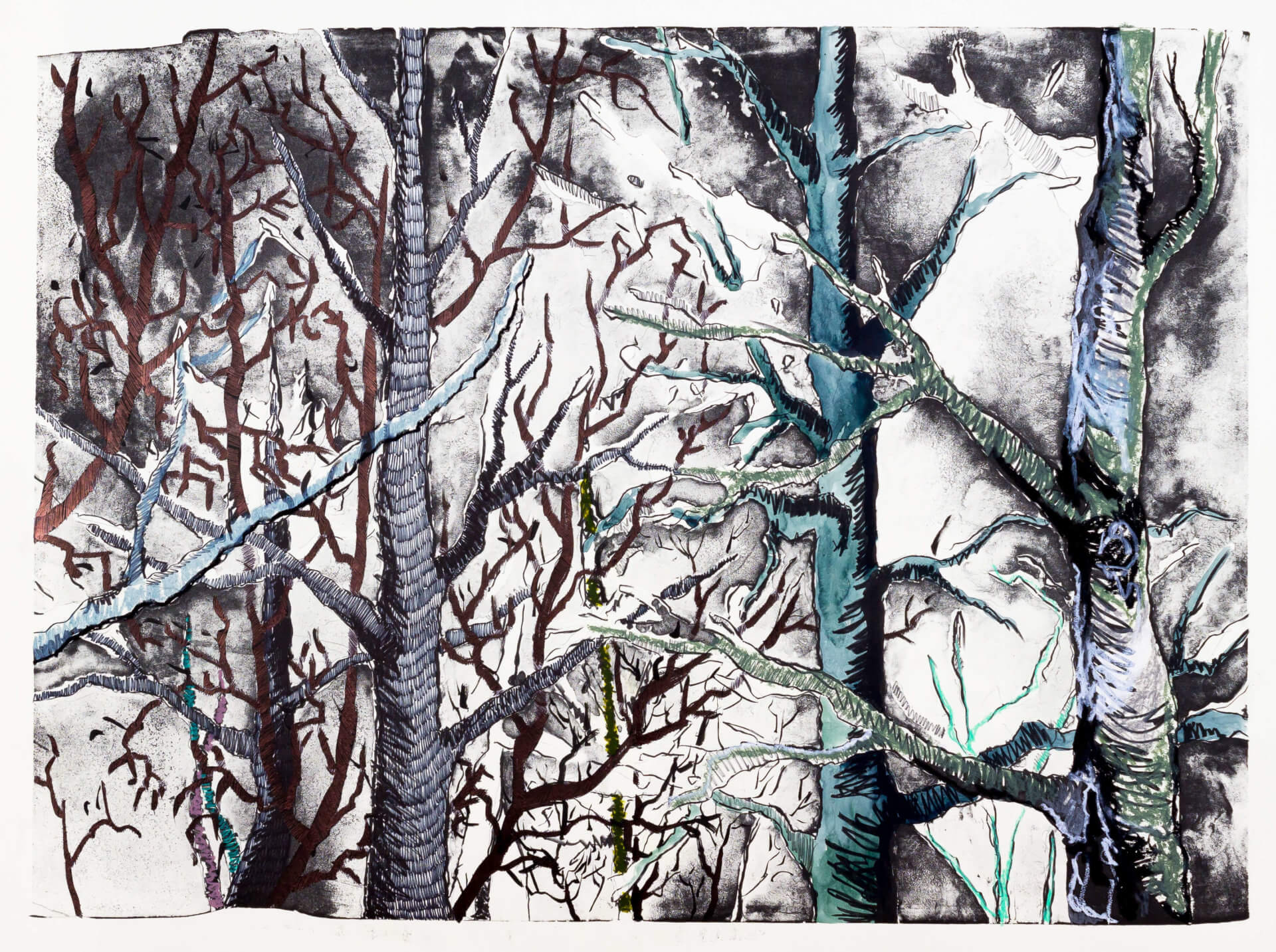 Katharina Albers, Wald (F_B)(F), 2016, Lithographie handkoloriert (Ölkreide, Graphit, Aquarellfarbe, Fineliner, Gelstift, Tusche), Unikat, 70×100 cm